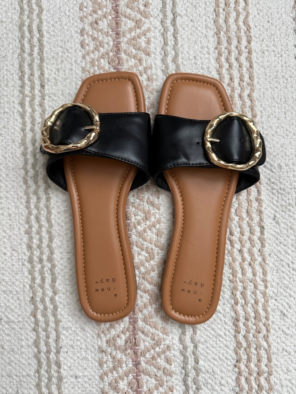 a new day Black Slide Sandals with Gold Buckle